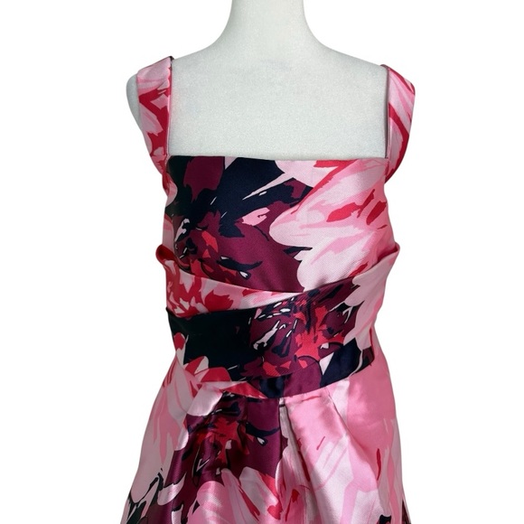 Kay Unger Marie Pink Floral Tea Length Dress 12 A-Line Square Neck Wedding Gues - Picture 4 of 10